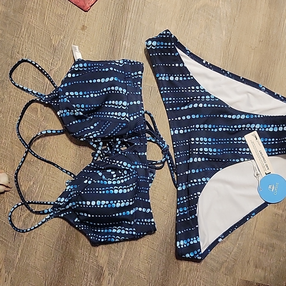 Cupshe Navy Blue & Light Blue Dot Stripe Lace-Up Bikini Set
